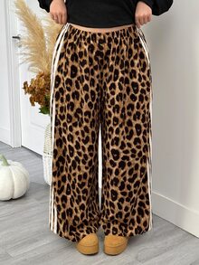 SHEIN CURVE+ 大尺碼女款格紋寬腿休閒長褲，黑白棋盤格彈性腰帶口袋寬腿鬆弛長褲，Curve Plus，Hoho Vacation - 棕色 - 查看 7