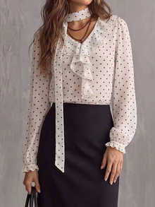 Glimmora Women's Elegant Commute Polka Dot Print Ruffle Blouse - Multicolor - View 2