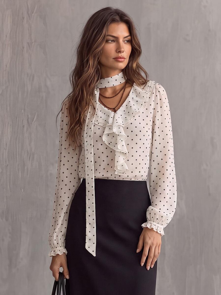 Glimmora Women's Elegant Commute Polka Dot Print Ruffle Blouse - Multicolor - View 1