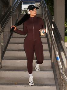 Dayanna Comas Black Two Pieces Set Sportswear Zip Up Jacket & Leggings ,Petite Women - Coffee Brown - View 1