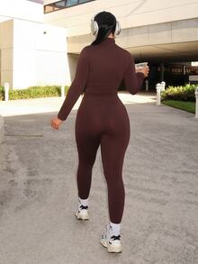 Dayanna Comas Black Two Pieces Set Sportswear Zip Up Jacket & Leggings ,Petite Women - Coffee Brown - View 2