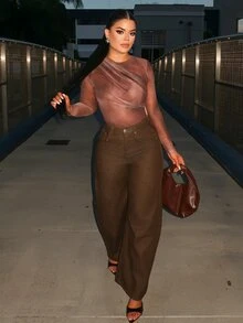Dayanna Comas Women's Round Neck Long Sleeve Minimalist Design Fashionable Bodysuit - Brown - View 1