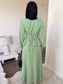 Solavon Women's Polka Dot Single-Breasted Ruffle Hem Shirt And Skirt Casual 2 Pieces Set - Green - View 2