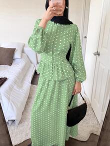 Solavon Women's Polka Dot Single-Breasted Ruffle Hem Shirt And Skirt Casual 2 Pieces Set - Green - View 4