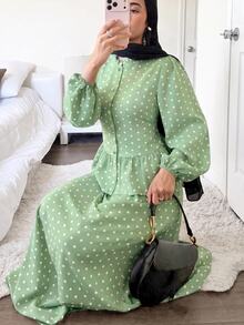 Solavon Women's Polka Dot Single-Breasted Ruffle Hem Shirt And Skirt Casual 2 Pieces Set - Green - View 1