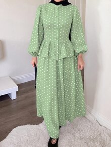 Solavon Women's Polka Dot Single-Breasted Ruffle Hem Shirt And Skirt Casual 2 Pieces Set - Green - View 5