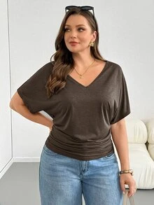 Shapeblank 大尺碼女款素色百褶休閒百搭日常穿搭T恤 - 摩卡棕 - 查看 7