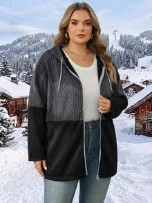 SHEIN CURVE+ Plus Size Women's Drawstring Hooded Zip-Up Casual Versatile Trench Coat - Multicolor - View 9