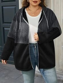 SHEIN CURVE+ Plus Size Women's Drawstring Hooded Zip-Up Casual Versatile Trench Coat - Multicolor - View 5