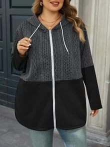 SHEIN CURVE+ Plus Size Women's Drawstring Hooded Zip-Up Casual Versatile Trench Coat - Multicolor - View 4