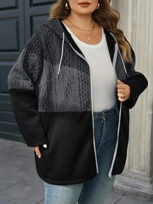 SHEIN CURVE+ Plus Size Women's Drawstring Hooded Zip-Up Casual Versatile Trench Coat - Multicolor - View 6
