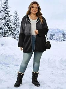 SHEIN CURVE+ Plus Size Women's Drawstring Hooded Zip-Up Casual Versatile Trench Coat - Multicolor - View 8