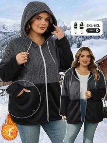 SHEIN CURVE+ Plus Size Women's Drawstring Hooded Zip-Up Casual Versatile Trench Coat - Multicolor - View 1