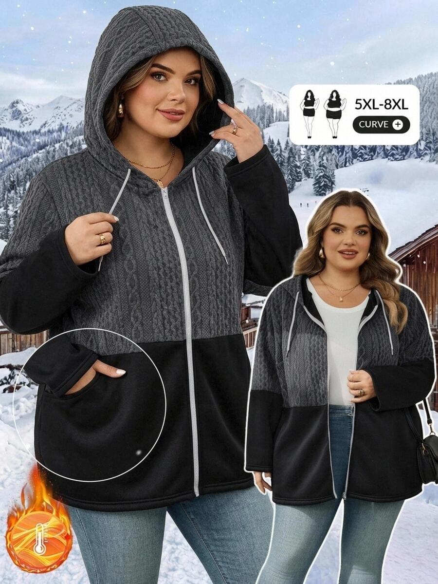 SHEIN CURVE+ Plus Size Women's Drawstring Hooded Zip-Up Casual Versatile Trench Coat - Multicolor - View 1