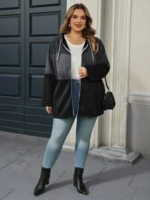 SHEIN CURVE+ Plus Size Women's Drawstring Hooded Zip-Up Casual Versatile Trench Coat - Multicolor - View 3