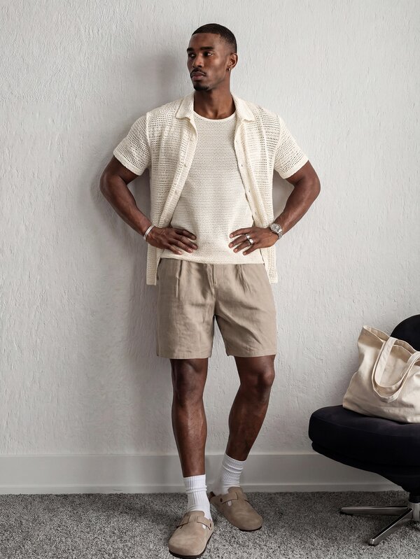 Mainfolk Men Cotton Solid Shirt & Drawstring Waist Shorts & Tank Top , Boho , Vacation , Plain