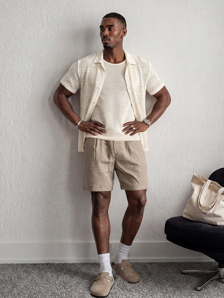 Mainfolk Men Cotton Solid Shirt & Drawstring Waist Shorts & Tank Top , Boho , Vacation , Plain - Multicolor - View 1