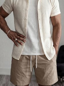 Mainfolk Men Cotton Solid Shirt & Drawstring Waist Shorts & Tank Top , Boho , Vacation , Plain - Multicolor - View 4