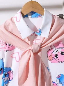 青少年女孩 2件/套 白色夏季可愛開學印花短袖上衣，度假穿搭，休閒風 - 粉色 - 查看 3