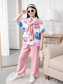 青少年女孩 2件/套 白色夏季可愛開學印花短袖上衣，度假穿搭，休閒風 - 粉色 - 查看 8