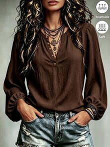 LUMIGAL Women's V-Neck Brown Long Sleeve Loose Blouse - Brown - View 3