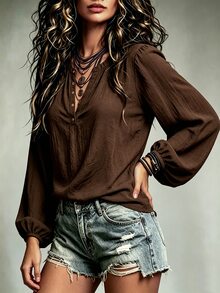 LUMIGAL Women's V-Neck Brown Long Sleeve Loose Blouse - Brown - View 6