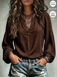 LUMIGAL Women's V-Neck Brown Long Sleeve Loose Blouse - Brown - View 1