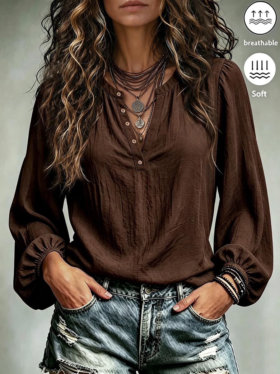 LUMIGAL Women's V-Neck Brown Long Sleeve Loose Blouse - Brown - View 1