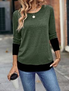 SHEIN Women's Casual Round Neck Colorblock Long Sleeve T-Shirt, Autumn Women Tops For Spring Fall - Army Green - View 6