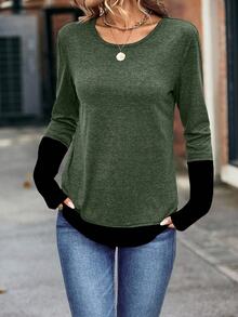 SHEIN Women's Casual Round Neck Colorblock Long Sleeve T-Shirt, Autumn Women Tops For Spring Fall - Army Green - View 3