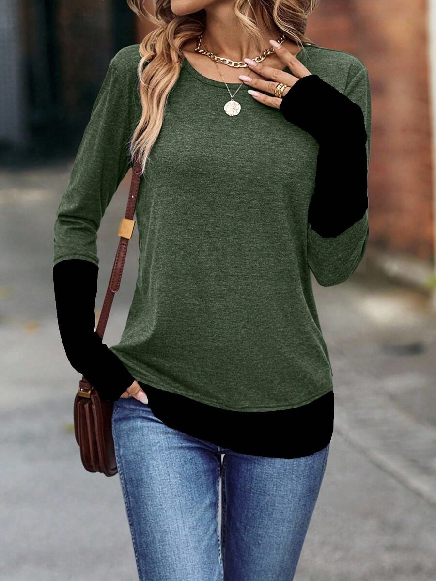 SHEIN Women's Casual Round Neck Colorblock Long Sleeve T-Shirt, Autumn Women Tops For Spring Fall - Army Green - View 1