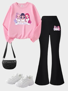 SHEIN 2件組女孩可愛粉黑K-Pop卡通圖案運動衫與喇叭褲，秋季校園假期返校長袖學生套裝 - 彩色 - 查看 4