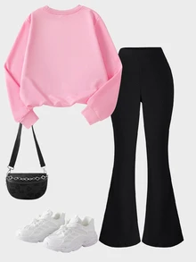 SHEIN 2件組女孩可愛粉黑K-Pop卡通圖案運動衫與喇叭褲，秋季校園假期返校長袖學生套裝 - 彩色 - 查看 3