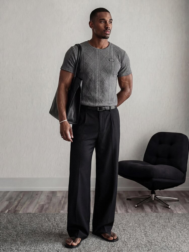 Mainfolk Men Summer Letter Patched Round Neck Short Sleeved Casual Textured Knit T-Shirt, Vacation, Father's Day Gifts, Football - Dark Grey - View 4