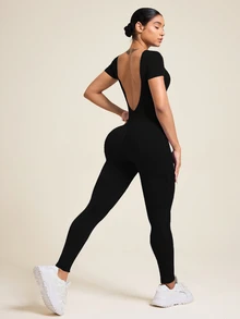 Easithlete Easithlete 女款塑身健身瑜伽跑步露背連身衣 - 黑色 - 查看 2