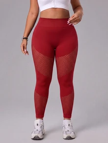 SHEIN Unity Plus Size Casual Vacation Mesh Patchwork Fitted Athletic Leggings - Burgundy - View 5