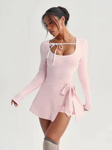 SHEIN Sovereign Charm Women's Cute Light Pink Summer Cocktail Sporty Dress,U-Neck With Contrast Tie,Short Sleeve,U-Back,2 In 1 With Shorts And Pockets For Running,Yoga,Gym - Pink - View 7