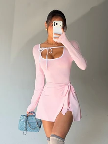 SHEIN Sovereign Charm Women's Cute Light Pink Summer Cocktail Sporty Dress,U-Neck With Contrast Tie,Short Sleeve,U-Back,2 In 1 With Shorts And Pockets For Running,Yoga,Gym - Pink - View 8
