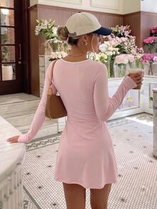 SHEIN Sovereign Charm Women's Cute Light Pink Summer Cocktail Sporty Dress,U-Neck With Contrast Tie,Short Sleeve,U-Back,2 In 1 With Shorts And Pockets For Running,Yoga,Gym - Pink - View 3