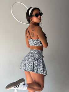 SHEIN Sports 2件組女款運動服套裝，白色動物印花，夏季性感健身瑜伽，單肩豹紋拼接加墊運動內衣與口袋運動裙褲短褲 - 彩色 - 查看 5