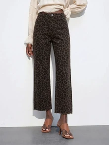 Maija Women's Leopard Print Denim Jeans With Pockets, Cropped Straight Leg - Multicolor - View 8