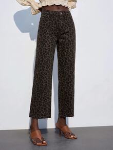 Maija Women's Leopard Print Denim Jeans With Pockets, Cropped Straight Leg - Multicolor - View 2