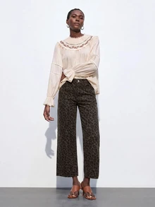 Maija Women's Leopard Print Denim Jeans With Pockets, Cropped Straight Leg - Multicolor - View 7