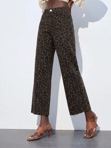 Maija Women's Leopard Print Denim Jeans With Pockets, Cropped Straight Leg - Multicolor - View 5