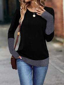 SHEIN Two Tone Long Sleeve Tee Graphic Tees Women Tops For Spring Fall For Women - Black - View 3
