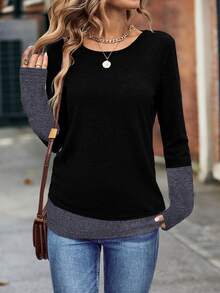 SHEIN Two Tone Long Sleeve Tee Graphic Tees Women Tops For Spring Fall For Women - Black - View 6