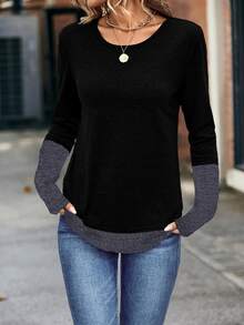 SHEIN Two Tone Long Sleeve Tee Graphic Tees Women Tops For Spring Fall For Women - Black - View 4