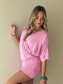 Aloruh Women's Yellow Cowl Neck A-Line Backless Short Dress With Straps, Suitable For Vacation, Dating, Commuting, Daily Wear - Pink - View 6