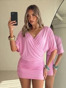 Aloruh Women's Yellow Cowl Neck A-Line Backless Short Dress With Straps, Suitable For Vacation, Dating, Commuting, Daily Wear - Pink - View 8