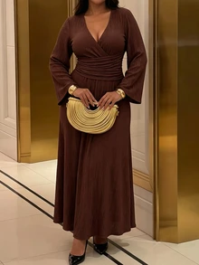 Allurite Women's Plus Size Spring/Autumn Casual Elegant V-Neck Cinched Waist Ruched Flare Sleeve Knit Textured A-Line Dress Brunch Formal Brown - Coffee Brown - View 2